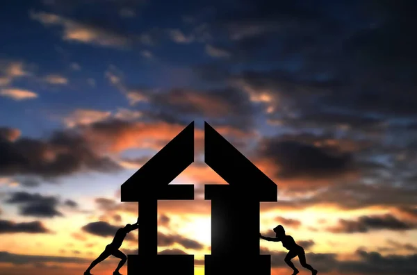 Couple Connect Two Pieces of House To complete building it. Conceptual Photo of man and woman build a house, sunset sky background with conceptual people shiltuette
