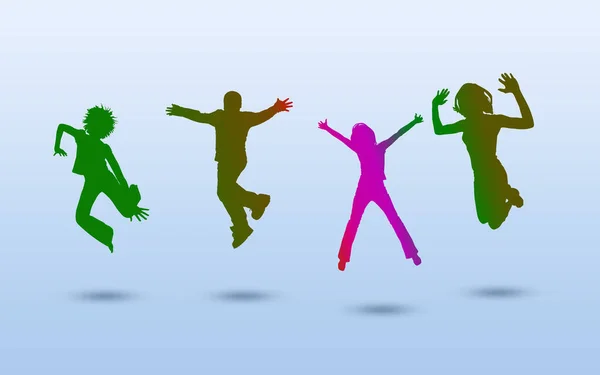 Group People Dancing Jumping Air Blue White Background Colorful Silhouettes — Stock Photo, Image