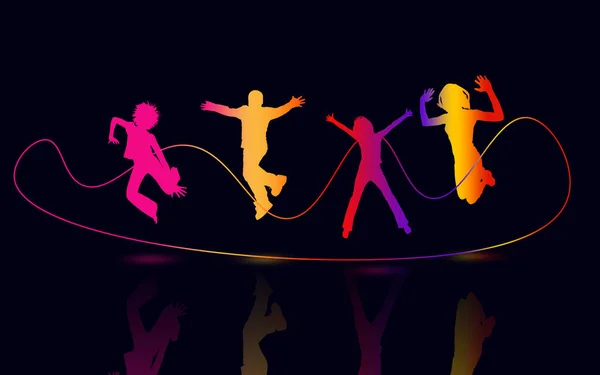 Genç Kızlar Oğlanlar Birlikte Dans Ediyor Mutlu Dostlar Neon Siluet — Stok fotoğraf