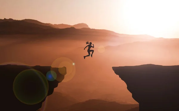 Businesswoman Goal and success concept Idea. Girl Jumping Over the Cliff in Mountain Sunset background. Brave and Courageous Young Woman Jumps between two Cliffs In Front Of The Sun. Superpower Female