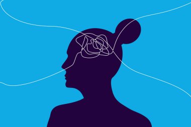 Kadın Psikolojisi Fikri. Karışık çizgileri olan bir kadın kafasının silueti. Yetişkin Kadınlar İçin Kadın Akıl Sağlığı ve Psikolojik Çalışmalar
