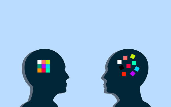 Обычная и экстраординарная идея мозга с человеческими головами, неврологией и психологией. рациональное и иррациональное мышление. Два человеческих разума с разным образом мышления,