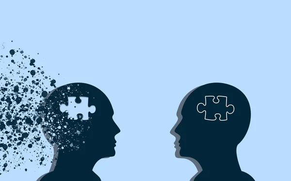 Stock image One Human head give a piece of puzzle to another human brain. donor and receiver Concept creative idea. Two Persons Exchanging a piece of jigsaws puzzle. Blue background.