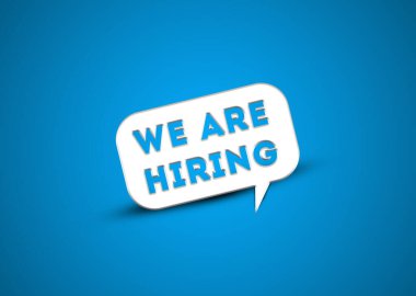 Konuşma baloncuğu kiralıyoruz. Mavi arka planda beyaz baloncuk ve İş Kiralama mesajı. İşe alım ve iş yardımı veya destek kavramı