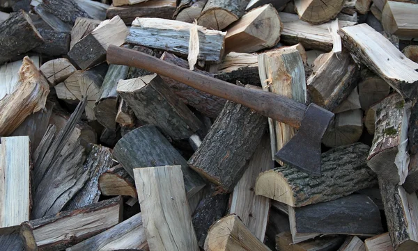 Machado velho punho machado na madeira picada — Fotografia de Stock