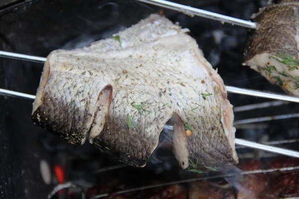 Poissons de mer grillés sur des brochettes sur des bobines chaudes dans un barbecue — Photo