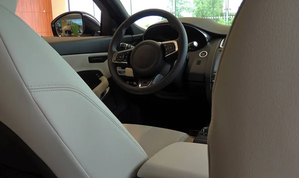 Cabin Vehicle Stitched White Black Leather — Stock Photo, Image