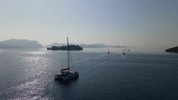 Segelkatamaran Och Segelbåtar Lämnar Sea Bay Antenn Video — Stockvideo
