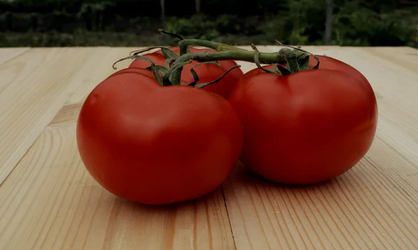 Frische saftige Tomaten auf Holzplanken Nahaufnahme — Stockfoto