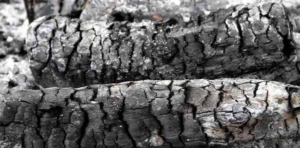 Closeup of burned logs and ashes texture background — Stock Photo, Image