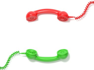 Retro kırmızı ve yeşil telefon alıcıları karşılıklı yalan. 3D