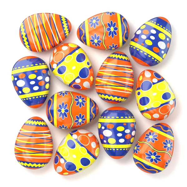 Ovos de Páscoa com padrões coloridos deitados sobre fundo branco. 3D — Fotografia de Stock