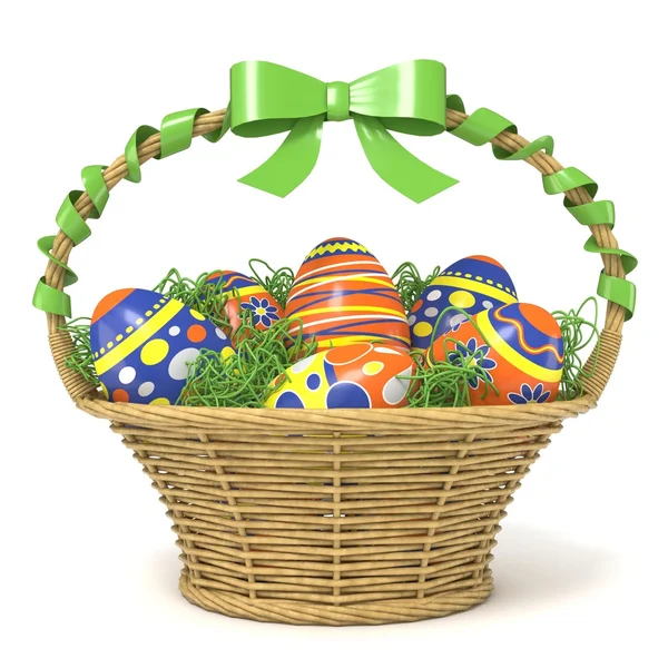 Cesta de Pascua llena de huevos decorados con lazo de cinta verde. 3D — Foto de Stock