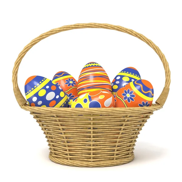 Cesta de Pascua llena de huevos decorados. 3D — Foto de Stock