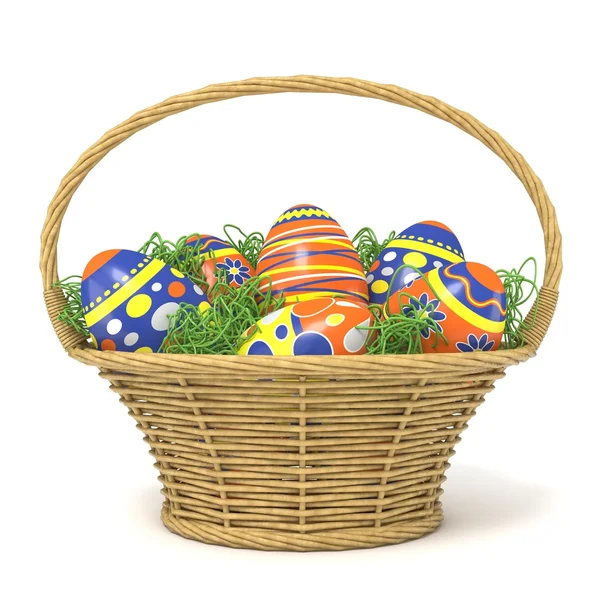 Cesta de Pascua llena de huevos decorados con decoración de hierba. 3D — Foto de Stock