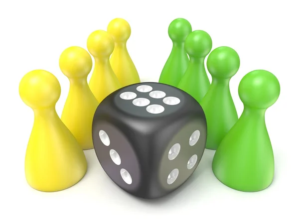 Conceptual game pawns and black dice. 3D — Stock Photo, Image