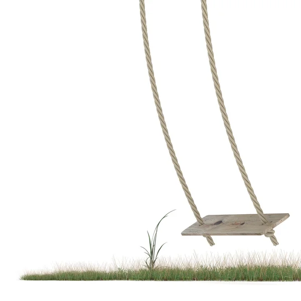 Altalena fatta di corda e una tavola di legno sul terreno erboso. 3D — Foto Stock