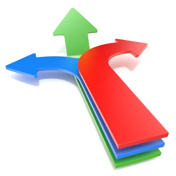 Three way arrows, showing three different directions. Blue left, red right and forward green arrows concept. 3D — Stock Photo, Image