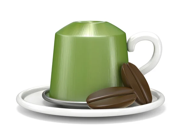 Groene koffie capsule met twee koffiebonen. 3D — Stockfoto