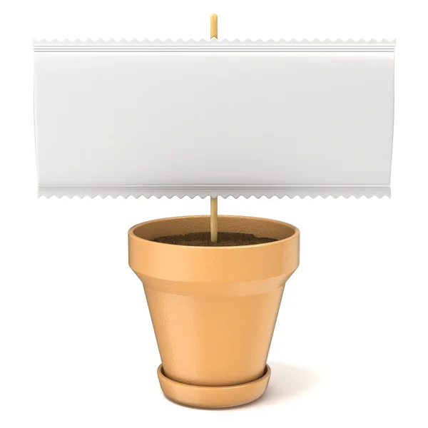 Pote de planta de barro com sinal de papel em branco em pau de madeira. 3D — Fotografia de Stock