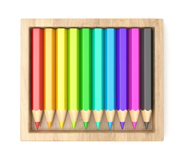 Wooden box with colorful pencils. 3D — Stock Photo, Image