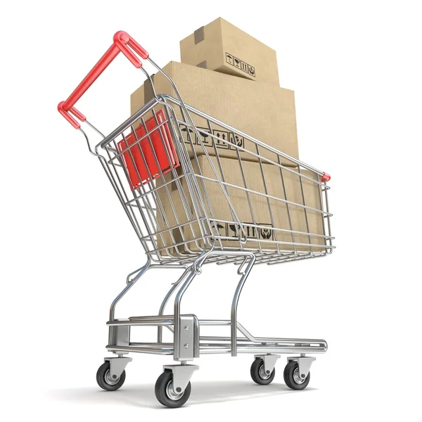 Carro de compras con cajas. 3D — Foto de Stock