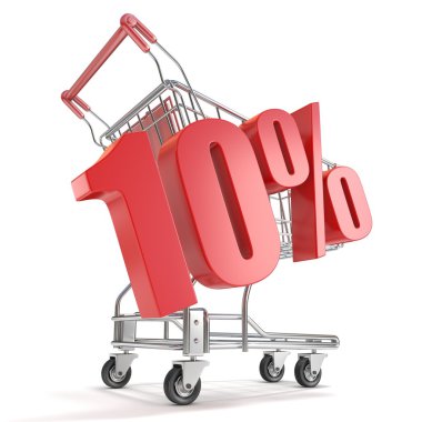 alışveriş sepeti önünde % 10 - % 10 indirim. Satılık kavramı. 3D 