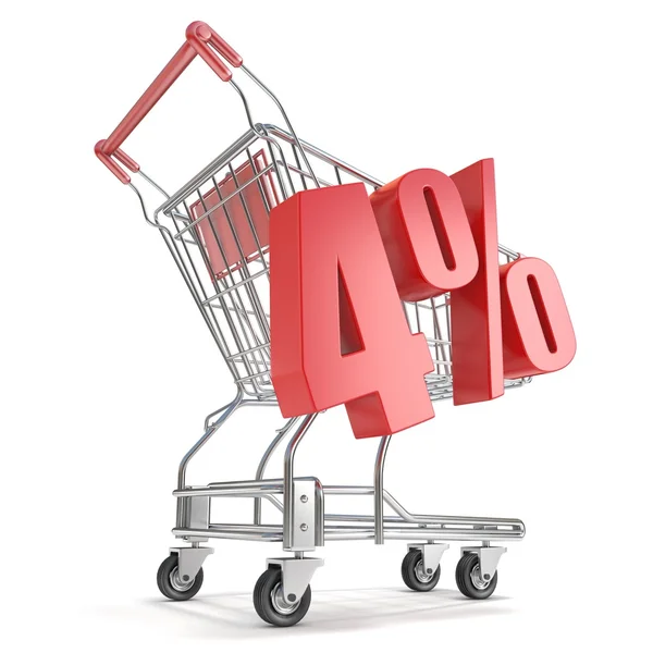 4% - quatro por cento de desconto na frente do carrinho de compras. Conceito de venda. 3D — Fotografia de Stock