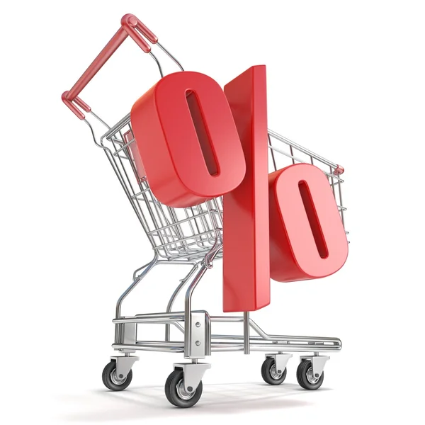 % - signo de porcentaje rojo delante del carrito de la compra. Concepto de venta. 3D —  Fotos de Stock
