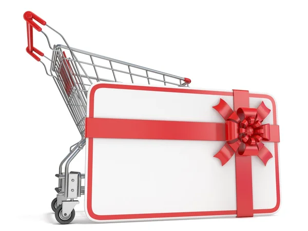Tarjeta regalo con espacio en blanco para texto y carrito de compras. 3D —  Fotos de Stock