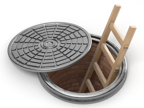 Opened street manhole with wooden ladder inside. 3D — Stock Photo, Image