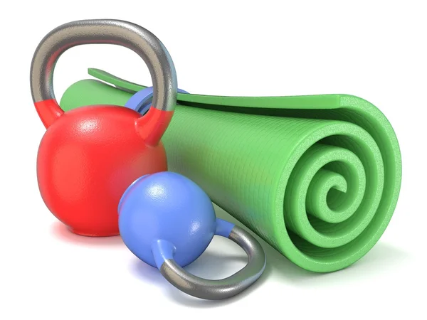 Green fitness mat and kettle bells weights. 3D — Stock Photo, Image