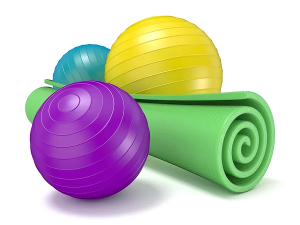 Grüne Fitnessmatte und Pilates-Ball. 3d — Stockfoto