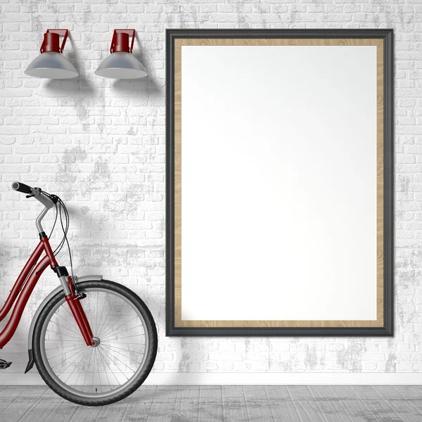 Leeg afbeeldingsframe met fiets en muur licht. Mock up poster. 3D — Stockfoto