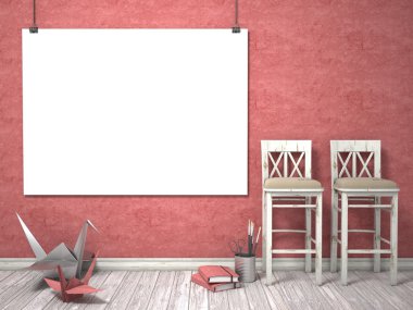 Sahte poster, ahşap beyaz sandalyeler ve origami Vinçler, 3d 