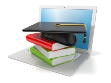 Mezuniyet kep ve kitaplar laptop. Internet, çevrimiçi öğrenme kavramı. 3D 