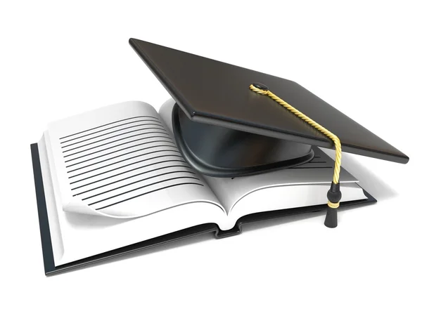Tampa de graduação no caderno em branco aberto. 3D — Fotografia de Stock