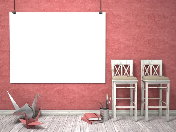 Mock up poster, houten witte stoelen en origami kranen, 3d — Stockfoto