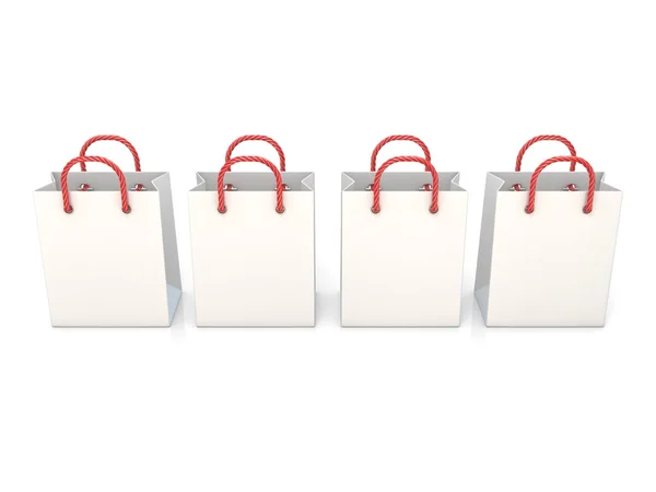 Quatro sacos de compras vazios, brancos e em branco. 3D — Fotografia de Stock