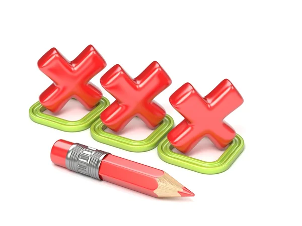 Tre röda Felaktiga bocken i Grön fyrkant. 3D — Stockfoto