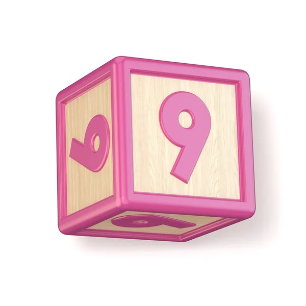 Numer 9 dziewięć drewniane alfabet bloki czcionki obrócony. 3D — Zdjęcie stockowe