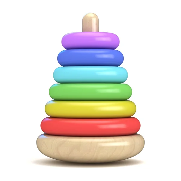 Pyramid build from colored wooden rings. Colorful wooden toy. 3D — Stock Photo, Image