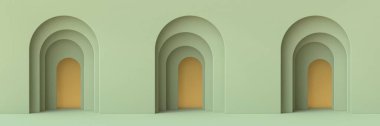 Soyut podyum mimari konsepti yeşil arkaplan üzerine 3D çizim