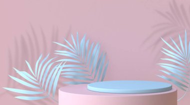 Soyut podyum mavi yapraklar ve silindir 3D sahne resimli pembe arkaplan