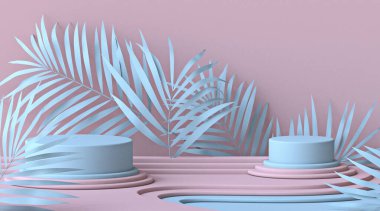 Mavi yapraklı ve iki silindir sahneli soyut podyum, pembe arkaplan üzerinde 3D çizim