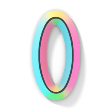 Neon rengi parlak yazı tipi Numara 0 ZERO 3D görüntüleme resmi beyaz arkaplanda izole edildi