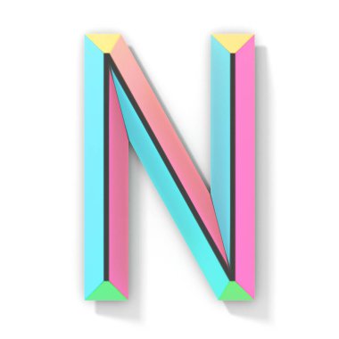 Neon rengi parlak yazı tipi Harf N 3D resimleme beyaz arkaplanda izole edildi
