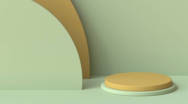 Yeşil arkaplan üzerinde 3D kavis çizimi olan silindir podyumu ile soyut taklit et