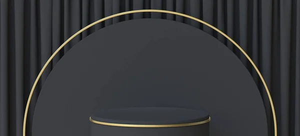 黒の背景に金色の枠線の3Dレンダリングイラストの抽象的な背景の黒の表彰台 — ストック写真
