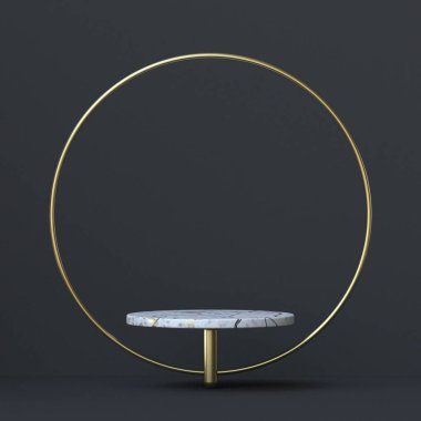 Siyah arkaplan üzerinde soyut arkaplan altın yüzük ve mermer duruş üç boyutlu resimleme